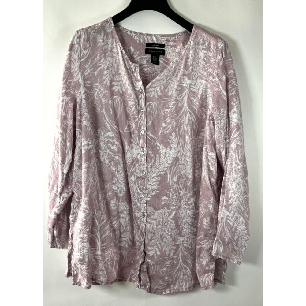 Tahari 100% Linen Shirt Women Size 2X Button‎ Up Long Roll Tab Sleeve Floral